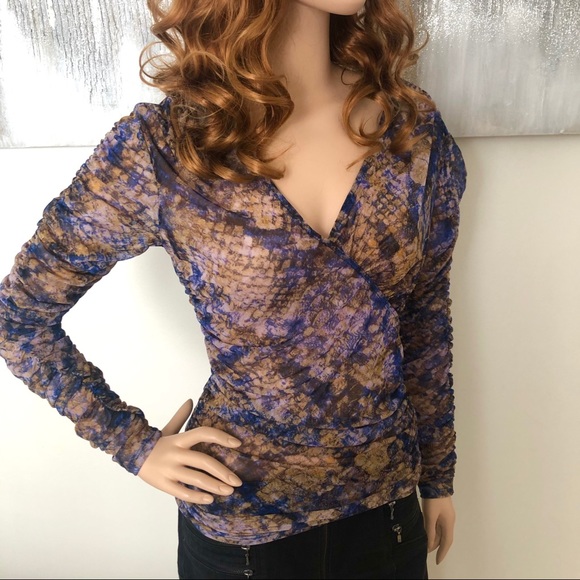 Guess Gauzy Sheer Long Sleeve V-Neck Top - Picture 1 of 8